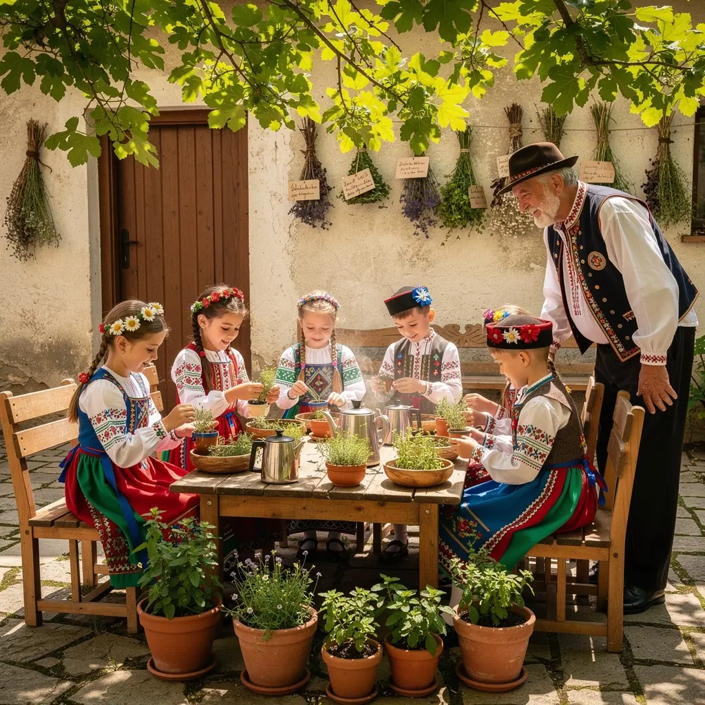 Helyi gyógynövények szüretelése a napfényben, zöld mezőn.