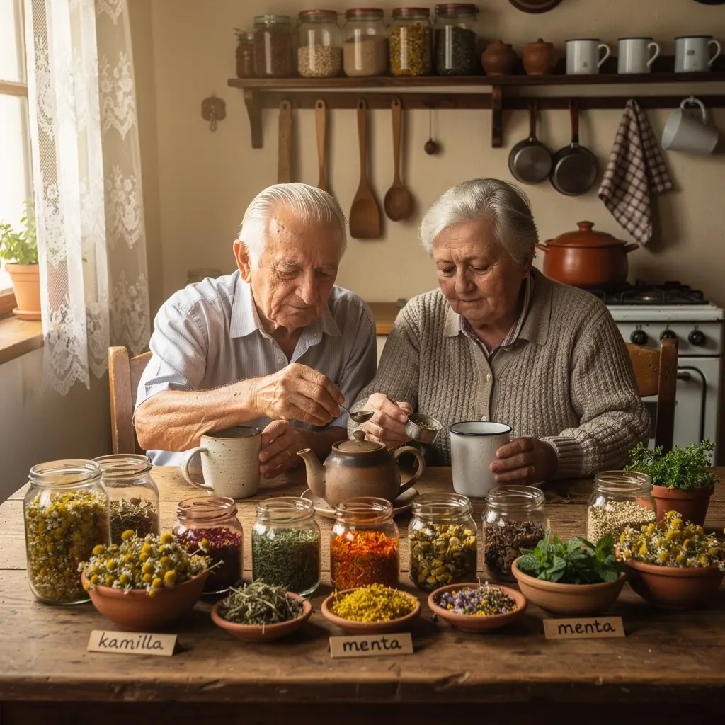 Tradicionális gyógynövény tea készítése, színes növényekkel és fűszerekkel.